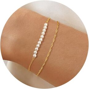 Gold Pearl Bracelets for Women Trendy, Dainty 14k Gold Plated Bracelets Set Stackable Non Tarnish Gold Link Pearl Bracelets Layered Waterproof Cute Fashion Jewelry Gifts for Women