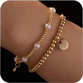 Gold Initial Bracelets for Women Personalized A-Z Letter Beaded Stretch Bracelet 14K Gold Plated Dainty Pearl Strand Chain Bracelet Jewelry for Women Trendy