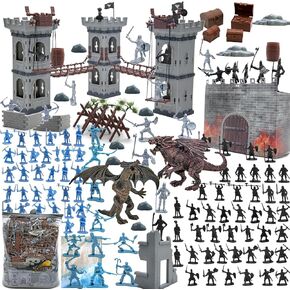 Medieval Castle Knight Toy Soldier Figures Army Men Toys, The Medieval Times Middle Ages DIY Castle Building Toy Piracy Knight Action Figurines with Storage Bag,2 Dragons, 2 Bridges, 1 Map