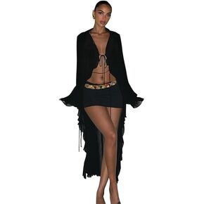 Women's Mesh Sheer Long Flared Sleeve Cardigan Maxi Dress Lace Up Ruffles See Through Beach Cover Ups Party Clubwear