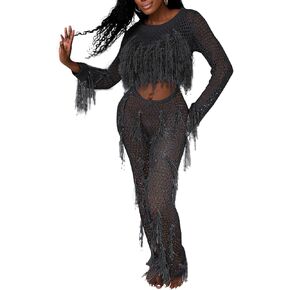 KANSOON Crochet Sets Two Piece Women Cover Up Swim Suits Sexy Tassel Hollow Out Beach Long Sleeve Crop Top Pants Outfit