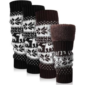 Shihanee 2 Pairs Winter Fleece Lined Leg Warmer for Women Boot Toppers Socks Vintage Long Socks Christmas High Leg Sleeves for Outdoor in Cold Weather