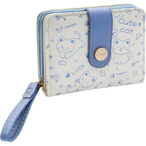 Credit Card Wallet, PU Leather Credit Card Holder Cute card holder wallet with Handle and Cat Pattern, Multiple Card Slots Women's Wallets for Card, Cash, Change (blue)