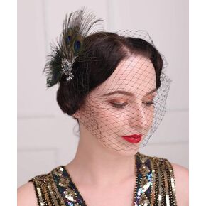 Bridal Short Veil with Pearl Comb 1920s Flapper Fascinator Mesh Veil Black Single-layered Birdcage Veil for Wedding