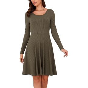 Kormei Womens Fall Knit Round Neck Casual Long Sleeve A Line Flowy Elegant Short Swing Party Dress