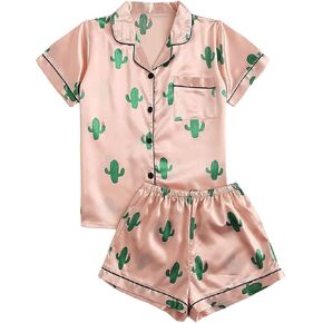 Remidoo Women's Short Sleeve Button Down Satin 2 Piece Pajama Set Sleepwear