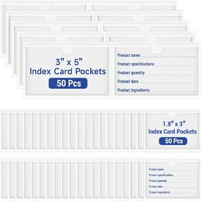 100 pcs Self Adhesive Index Card Pockets, Clear Adhesive Pockets Label Holder with Top Open 1.8 x 3 in and 3 x 5 in for Storage Bins, Library Card, Organizing ( Index Card not Included)