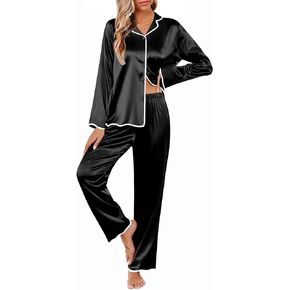 Ekouaer Silk Pajamas Set Long Sleeve Satin Pajama Sets 2 Pieces Button Down Pjs Ruffle Hems Pj Sets for Women