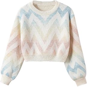 SHENHE Girl's Crewneck Lantern Sleeve Colorful Ombre Cute Chevron Knit Sweater Jumper