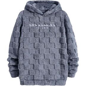 Verdusa Men's Fuzzy Pullover Hoodie Long Sleeve Letter Embroidery Hooded Sweatshirt