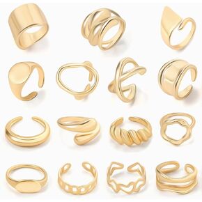 15 Pcs Chunky Gold Rings Set for Women, 18K Gold Plated Open Knuckle Stackable Rings, Adjustable Dome Signet Rings, That Don't Tarnish Gold Rings Jewelry Pack for Christmas Gifts-Size 7-9