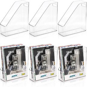 6 Pack Clear Magazine Holder, File Magazine Rack with Handle, Vertical Folder Document Storage, Magazine File Organizer for Desk, Office, Home, School