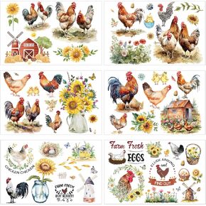 Chicken Rub on Transfers for Crafts - 6 Sheets Farm Rub on Transfer Stickers for Furniture Sunflower Rub on Transfers for Wood Glass Scrapbook DIY Home Decor 11.8x7.9 Inch