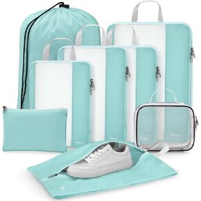 Gonex 8 Set Compression Packing Cubes for Travel, Expandable Mesh Packing Organizer for Travel Accessories Essentials with Toiletry Bag, Laundry Bag, Shoe Bag, Cable Bag for Suitcases, Dusty Teal