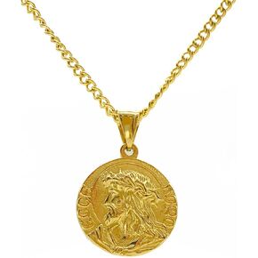 18K Gold Plated Jesus Coin Necklace, Christian Prayer Pendant Necklace for Men Women Religious Necklace