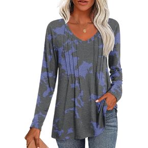 HOTGIFT Womens Long Sleeve Tunic Tops Casual Fall Winter V Neck Blouse Pleated Dressy Loose Shirts