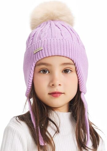 ZLYC Kids Girls Boys Winter Hats Cotton Lined Pom Pom Beanie Earflap Knitted Cap in Kuwait