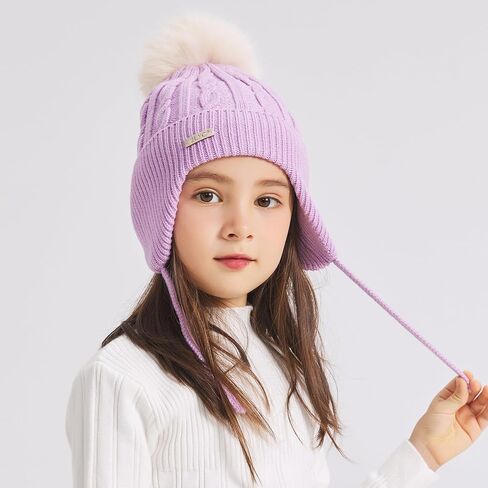 ZLYC Kids Girls Boys Winter Hats Cotton Lined Pom Pom Beanie Earflap Knitted Cap in Kuwait