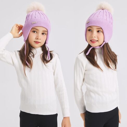 ZLYC Kids Girls Boys Winter Hats Cotton Lined Pom Pom Beanie Earflap Knitted Cap in Kuwait