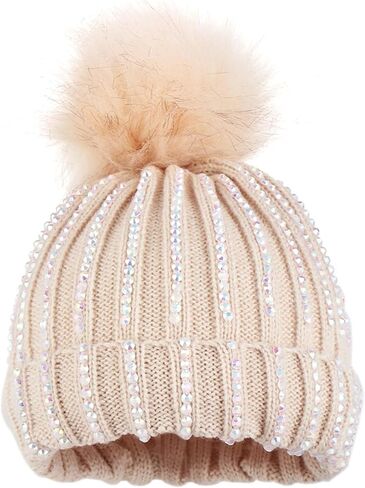 Baby Girls Boys Winter Rhinestone Beanie Hat Crochet Knitted with Faux Fur Pom Pom Knit Skull Cap in Saudi Arabia