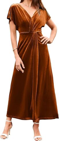 Simplee Women's Velvet Maxi Dress Short Sleeve V Neck Fall Wedding Guest Dress Twiss Front Long Formal Bodycon Prom Dress in Saudi Arabia