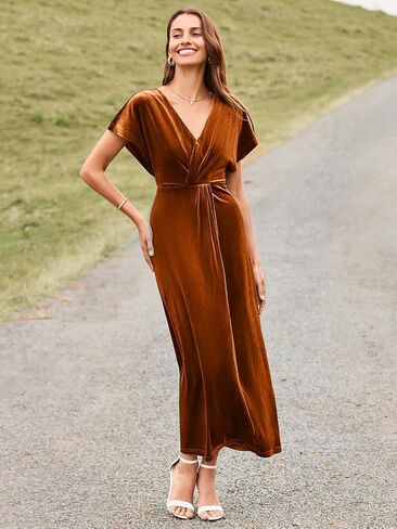 Simplee Women's Velvet Maxi Dress Short Sleeve V Neck Fall Wedding Guest Dress Twiss Front Long Formal Bodycon Prom Dress in Saudi Arabia