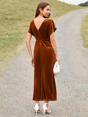 Simplee Women's Velvet Maxi Dress Short Sleeve V Neck Fall Wedding Guest Dress Twiss Front Long Formal Bodycon Prom Dress in Saudi Arabia