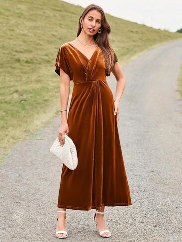 Simplee Women's Velvet Maxi Dress Short Sleeve V Neck Fall Wedding Guest Dress Twiss Front Long Formal Bodycon Prom Dress in Saudi Arabia
