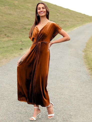 Simplee Women's Velvet Maxi Dress Short Sleeve V Neck Fall Wedding Guest Dress Twiss Front Long Formal Bodycon Prom Dress in Saudi Arabia