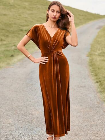 Simplee Women's Velvet Maxi Dress Short Sleeve V Neck Fall Wedding Guest Dress Twiss Front Long Formal Bodycon Prom Dress in Saudi Arabia