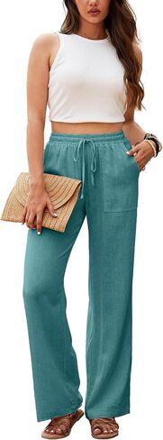 Beautiful Nomad Women's Linen High Waisted Straight Pants Casual Flowy Wide Leg Drawstring Trousers with Pockets in Kuwait