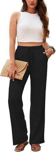 Beautiful Nomad Women's Linen High Waisted Straight Pants Casual Flowy Wide Leg Drawstring Trousers with Pockets in Kuwait