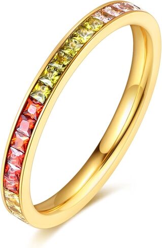 Eternity Rainbow Full Round Wedding Band for Women, 14K Gold Plated Titanium Non Tarnish Bands with Colorful Cubic Zirconia, Multi-Gemstone Rings, Stackable Fashion Ring in Kuwait