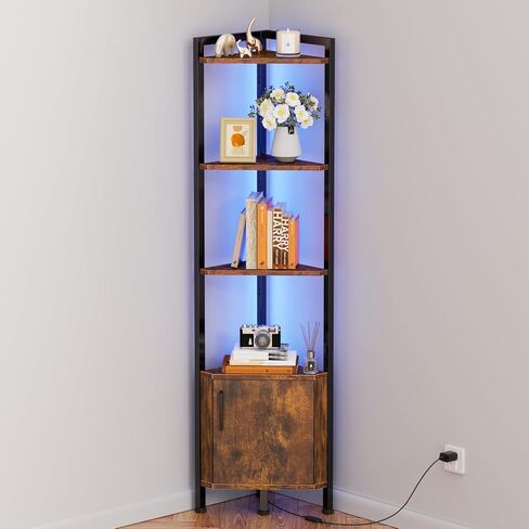 Furnulem Corner Shelf with LED Light, 5 Tier Corner Narrow Bookshelf with Door, Corner Cabinet Display Shelf for Bedroom, Living Room, Kitchen, Metal Frame, Wood Display Shelf (Black Oak) in Kuwait