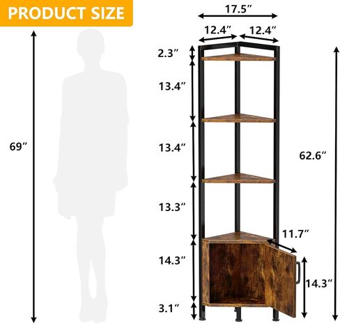 Furnulem Corner Shelf with LED Light, 5 Tier Corner Narrow Bookshelf with Door, Corner Cabinet Display Shelf for Bedroom, Living Room, Kitchen, Metal Frame, Wood Display Shelf (Black Oak) in Kuwait