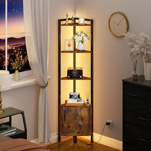 Furnulem Corner Shelf with LED Light, 5 Tier Corner Narrow Bookshelf with Door, Corner Cabinet Display Shelf for Bedroom, Living Room, Kitchen, Metal Frame, Wood Display Shelf (Black Oak) in Kuwait