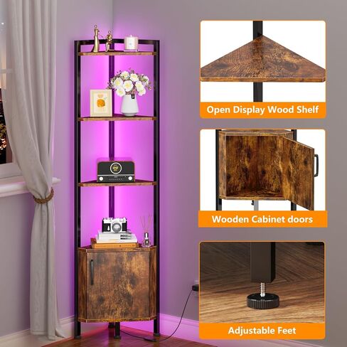 Furnulem Corner Shelf with LED Light, 5 Tier Corner Narrow Bookshelf with Door, Corner Cabinet Display Shelf for Bedroom, Living Room, Kitchen, Metal Frame, Wood Display Shelf (Black Oak) in Kuwait