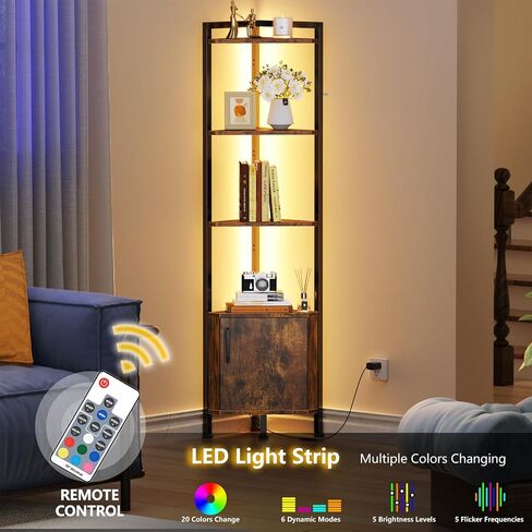 Furnulem Corner Shelf with LED Light, 5 Tier Corner Narrow Bookshelf with Door, Corner Cabinet Display Shelf for Bedroom, Living Room, Kitchen, Metal Frame, Wood Display Shelf (Black Oak) in Kuwait