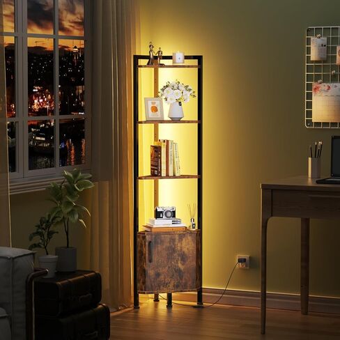 Furnulem Corner Shelf with LED Light, 5 Tier Corner Narrow Bookshelf with Door, Corner Cabinet Display Shelf for Bedroom, Living Room, Kitchen, Metal Frame, Wood Display Shelf (Black Oak) in Kuwait