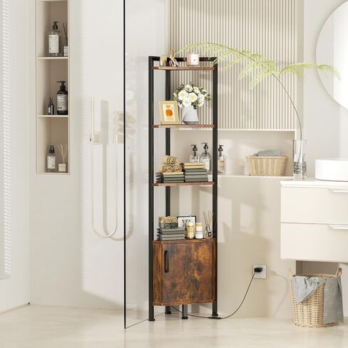 Furnulem Corner Shelf with LED Light, 5 Tier Corner Narrow Bookshelf with Door, Corner Cabinet Display Shelf for Bedroom, Living Room, Kitchen, Metal Frame, Wood Display Shelf (Black Oak) in Kuwait