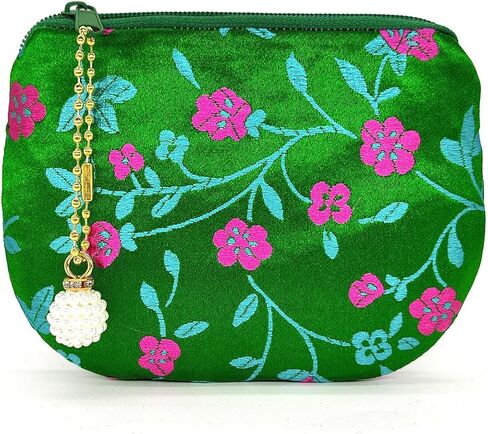 Handmade Women Coin Purse Silk Jewelry Pouch Zipper Wallet Brocade Rosary Bag - Green in Kuwait