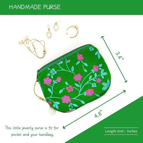 Handmade Women Coin Purse Silk Jewelry Pouch Zipper Wallet Brocade Rosary Bag - Green in Kuwait