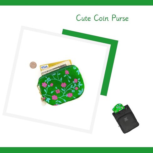 Handmade Women Coin Purse Silk Jewelry Pouch Zipper Wallet Brocade Rosary Bag - Green in Kuwait
