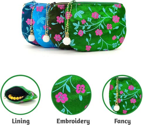Handmade Women Coin Purse Silk Jewelry Pouch Zipper Wallet Brocade Rosary Bag - Green in Kuwait
