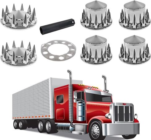 Mytee Products Complete Wheel Chrome Axle Cover Set - 33mm Threaded Lug Wheel Nut Covers for Semi Truck, Frightliner, Volvo - Removable Hub Caps Kit (2 Front & 4 Rear) in Kuwait