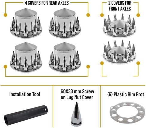 Mytee Products Complete Wheel Chrome Axle Cover Set - 33mm Threaded Lug Wheel Nut Covers for Semi Truck, Frightliner, Volvo - Removable Hub Caps Kit (2 Front & 4 Rear) in Kuwait