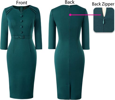 VFSHOW Womens Work Office Business Pleated Notch V Neck Buttons Fitted Belted Pencil Sheath Dress in Saudi Arabia
