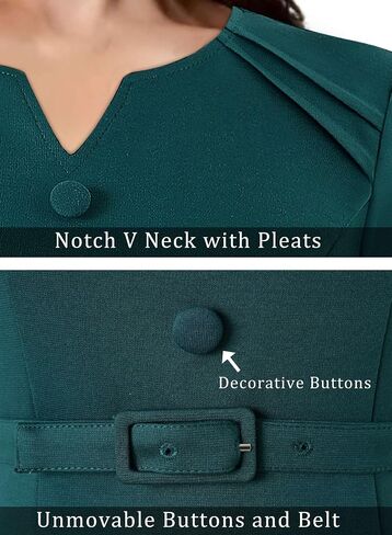 VFSHOW Womens Work Office Business Pleated Notch V Neck Buttons Fitted Belted Pencil Sheath Dress in Saudi Arabia