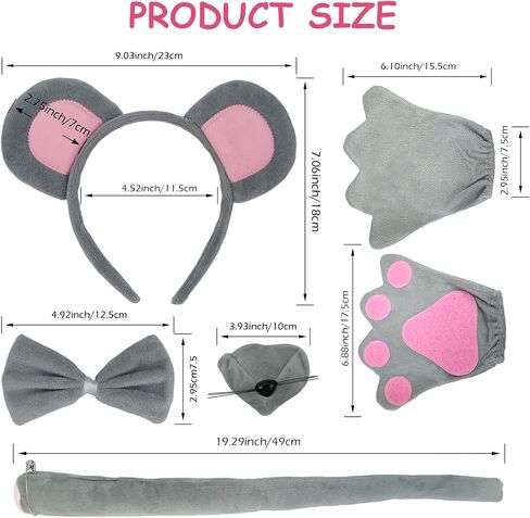 HyperFun Mouse Costume Mouse Ears Headband Tail Nose and Bow Tie Rat Mice Animal Accessories Set for Halloween Party kid in Saudi Arabia
