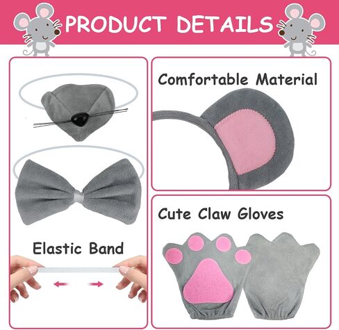 HyperFun Mouse Costume Mouse Ears Headband Tail Nose and Bow Tie Rat Mice Animal Accessories Set for Halloween Party kid in Saudi Arabia